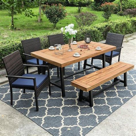 6pc Patio Dining Set With Acacia Wood Table & Bench And 4 Pe Rattan Chairs - Captiva Designs ...