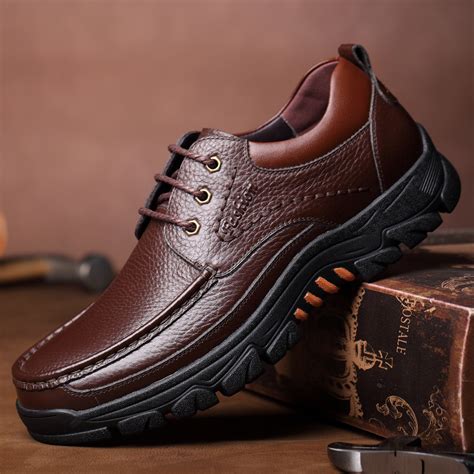 Men Genuine Leather Pure Color Soft Insole Slip Resistant Casual ...