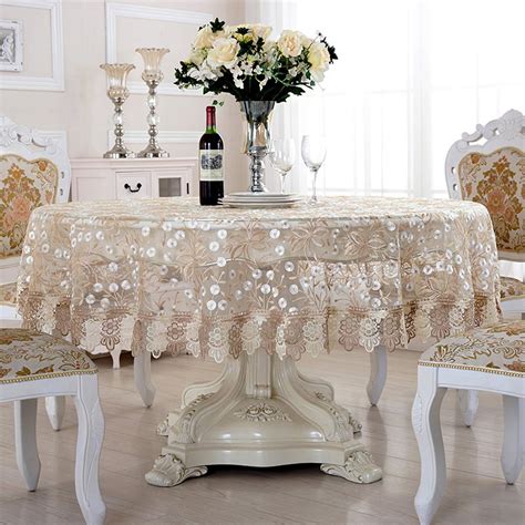 QXFSMILE Beige Lace Tablecloth Embroidered Dandelion Table Cover Round 60 Inch