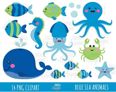 50% sale BLUE SEA ANIMALS clipart summer clipart commercial | Etsy