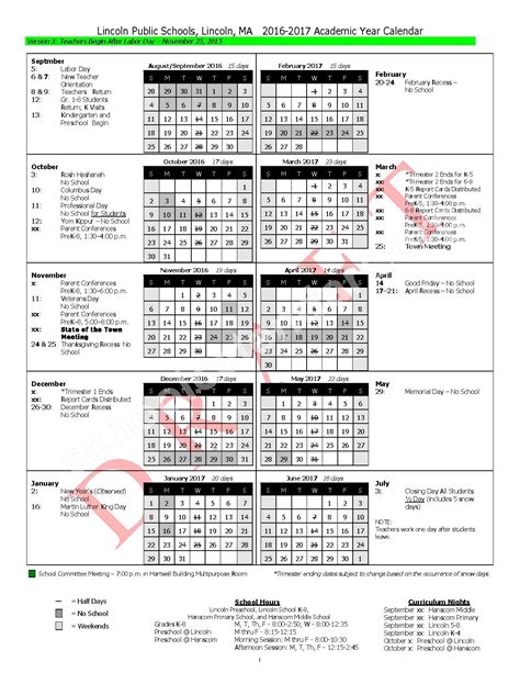 Lincoln Public Schools Calendars – Lincoln, MA