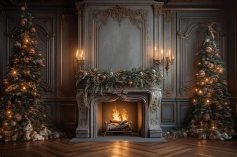 Premium Photo | A christmas scene with a fireplace and christmas tree.