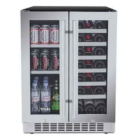 TITAN 23.8 in. 21-Bottle Wine and 60-Can French Door Seamless Stainless Steel Dual Zone Built-In ...