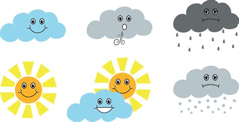 6 kinds of weather clip art, icon, cartoon, with face expression, by vector design 4246093 ...