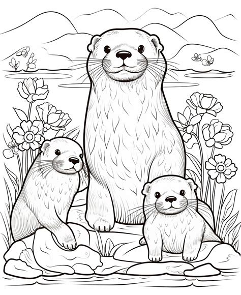 Premium AI Image | A coloring page of a baby otter and its mother ...