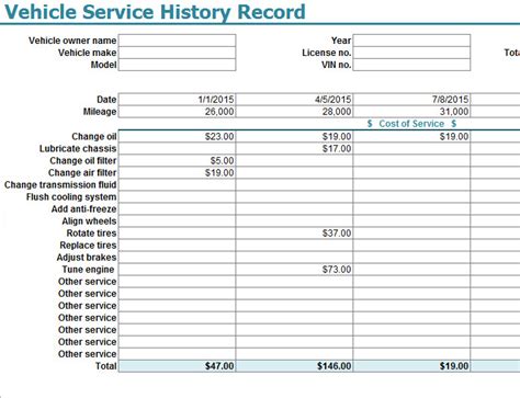 Vehicle Service History Record Template - My Excel Templates