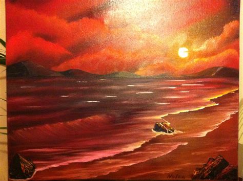 Red Sunset - Oil on Black Gesso | Bob ross paintings, Art techniques, Painting