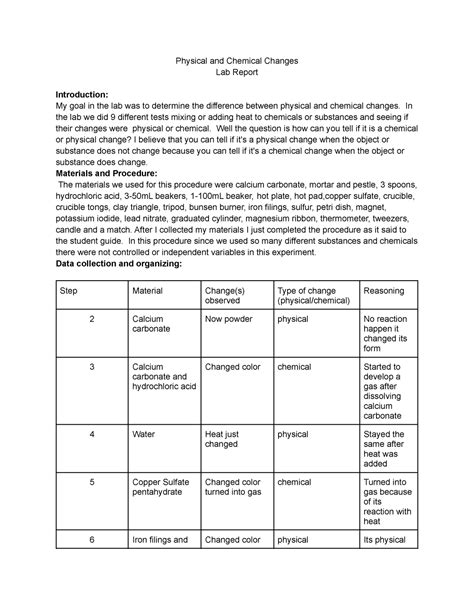 Physical and Chemical Changes - In the lab we did 9 different tests ...