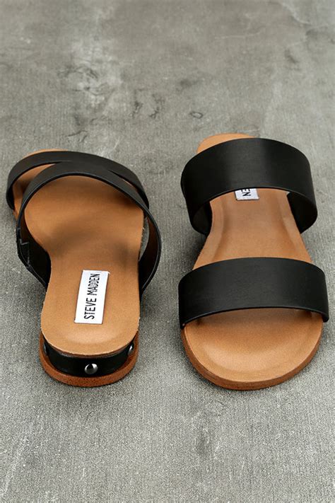 Steve Madden Dakotas - Black Leather Sandals - Black Slide Sandals ...