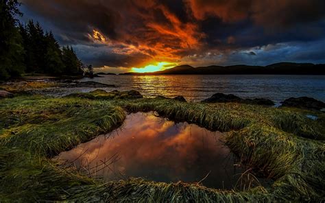 Fondos de pantalla : luz de sol, Árboles, paisaje, montañas, puesta de sol, mar, lago, rock ...