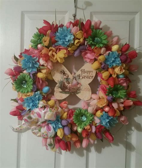 An Easter Wreath I made for my Daughter in Law. I used silk flowers 50% off at Hobby Lobby ...