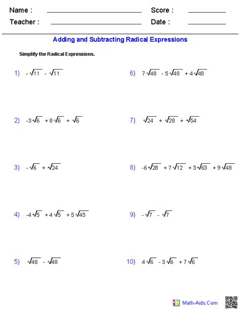 Adding and Subtracting Radical Expressions Worksheets | Radical ...