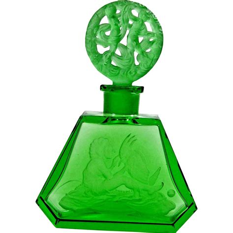 Hoffman Green Czech Perfume Bottle Inca & Parrot from marshacraftsantiques on Ruby Lane