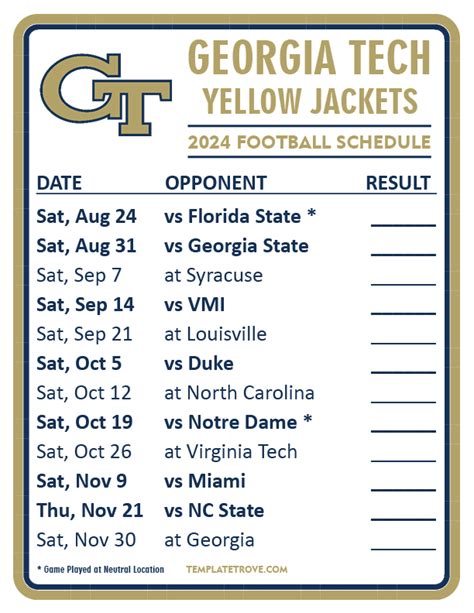 Printable 2024 Georgia Tech Yellow Jackets Football Schedule