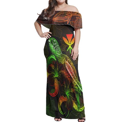 Hawaii Woman Off Shoulder Long Dress - Turtle With Blooming Hibiscus reggae