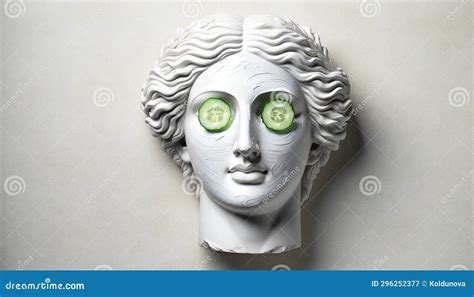 White Classical Statue Head with Cucumber Slices As Eyes Symbolizing Modern Spa Treatments Stock ...