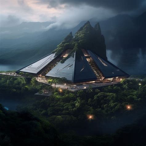 an aerial view of a pyramid shaped building in the middle of trees and ...