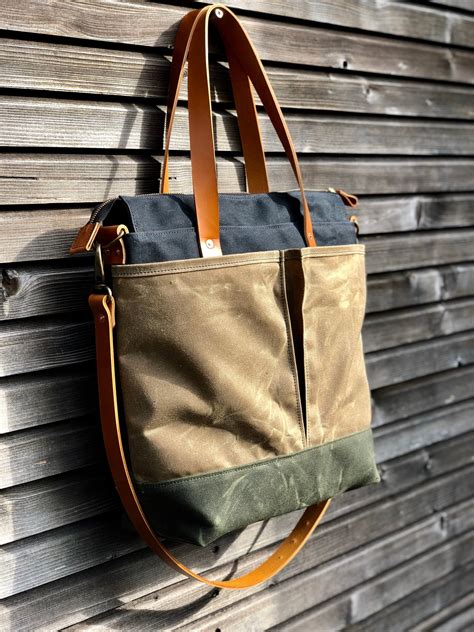 Waxed canvas tote bag / office bag with leather handles and shoulder ...