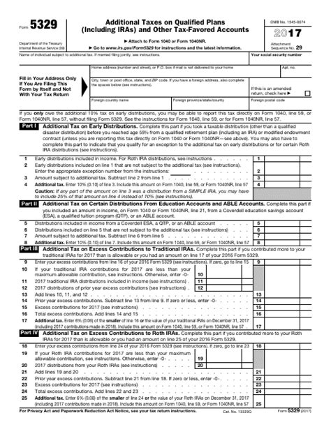 IRS Form 5329 Download Fillable PDF 2017, Additional Taxes on Qualified Plans (Including Ira ...