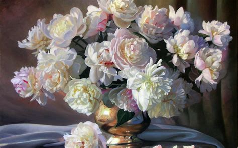 painting, Still, Life, Zbigniew, Kopania, Flowers, Peonies, White, Bouquet, Vase, Petals, Fabric ...