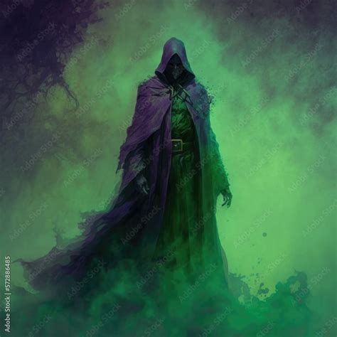 mysterious figure cloaked in a deep purple robe surrounded by an eerie ...