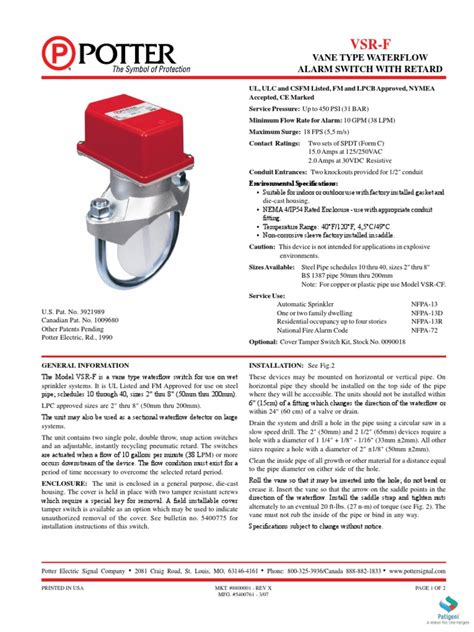 Potter Flow Switch | PDF | Fire Sprinkler System | Pipe (Fluid Conveyance)