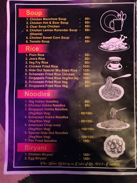 Menu at The Hideout Cafe And Restaurant, Nazira