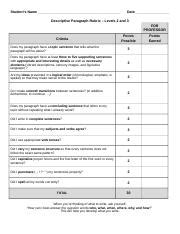 Descriptive Paragraph Rubric - Levels 2 and 3.doc - Student’s Name _ Date _ Descriptive ...