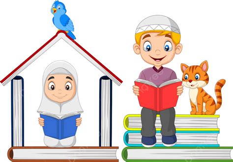 Kartun Anak Muslim Membaca Buku Dengan Tumpukan Buku Dan Membentuk Rumah, Buka, Gadis, Arab PNG ...