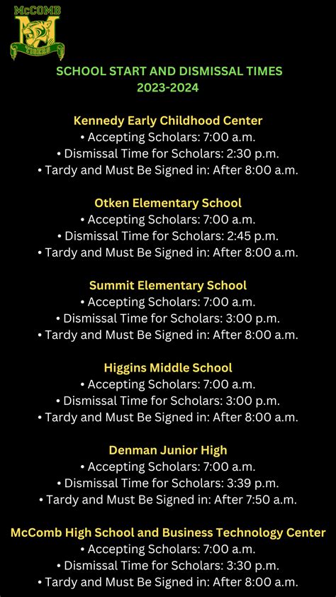 McComb School District "School Start And Dismissal Times" 2023-2024 ...