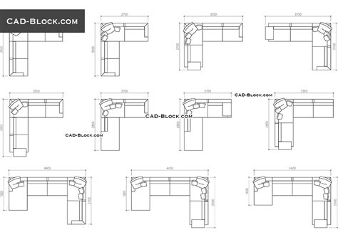 Sofas in plan with dimensions CAD blocks free download, AutoCAD blocks