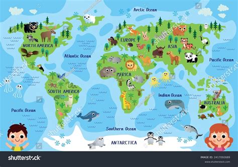 Childrens World Map Animals Charming Map Stock Vector (Royalty Free) 2417092689 | Shutterstock