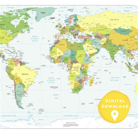 Digital World Political Map, Printable Political Map, World map poster ...