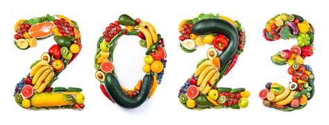 New Year 2023 Food Trends New Year 2023 Made Of Vegetables Fruits And Fish On White Background ...