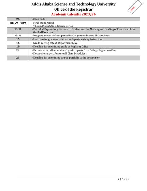 Academic Calendar – AASTU Registrar