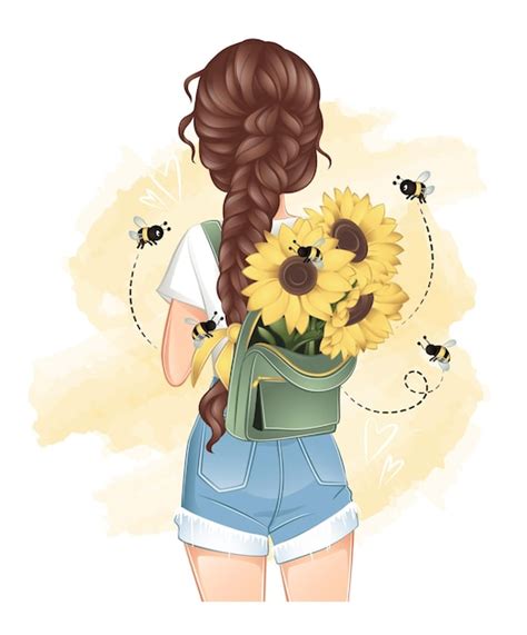 Premium Vector | Summer girl with sunflowers in backpack with bees around