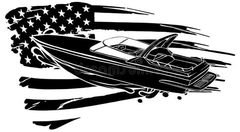 Black Silhouette Cartoon Illustration of Speedboat with American Flag Stock Vector ...