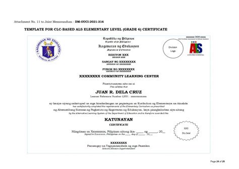 DepEd ALS Certificate of Completion Template for CLC and School-Based Elementary and Junior High ...