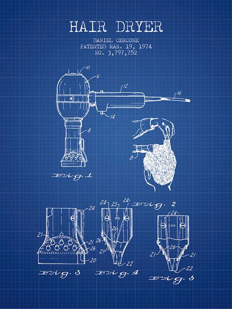 Hair Dryer Patent From 1974 - Blueprint Digital Art by Aged Pixel