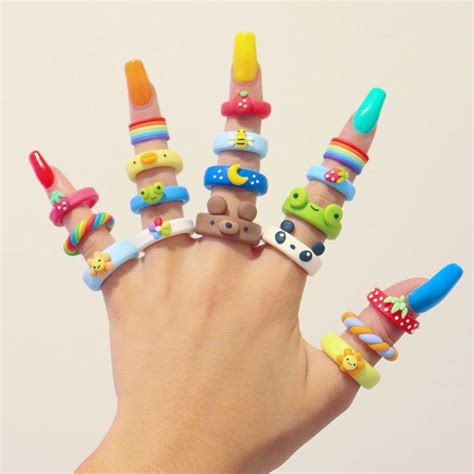 Cute Polymer Clay Ring Inspo 🐻🍓🍄🍊🐥🌼🌙🍏🐸🦋🐬🐼 | Polymer clay creations, Diy clay rings, Cute polymer ...