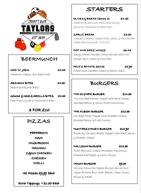 Menu at Taylor's Sports Bar & Restaurant, Eastbourne