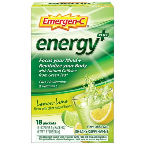 Emergen-C Energy Plus Energy Supplement Powder Packets, Lemon Lime, 18 ...