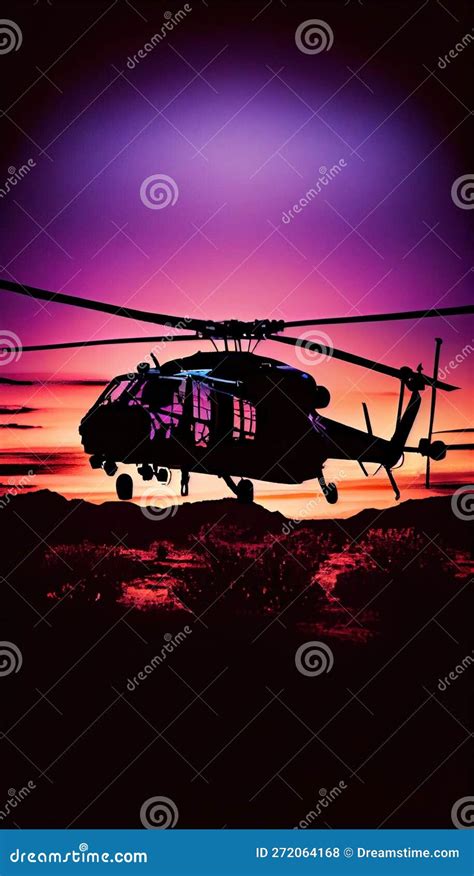 Helicopter Silhouette Against Sunset Sky, Made with Generative AI Stock Illustration ...