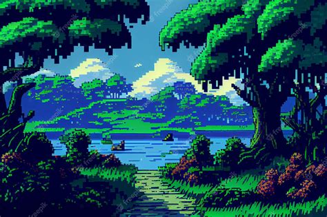 Premium Photo | Video game background landscape with mountains and forests in 16 bit pixels ...