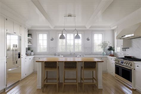 White U-shaped Kitchen with Windows, Kitchen Appliances and Utensils. Stock Illustration ...