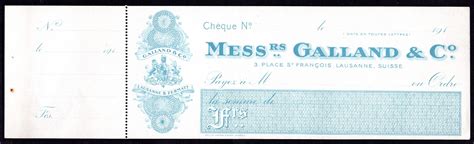 Messrs Galland & Co. Lausanne, Switzerland. 191-. Unused cheque with counterfoil. - M Veissid & Co.