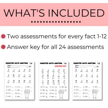 Monster Math Fact Fluency; Assessments Addition Facts 1-12 | TPT