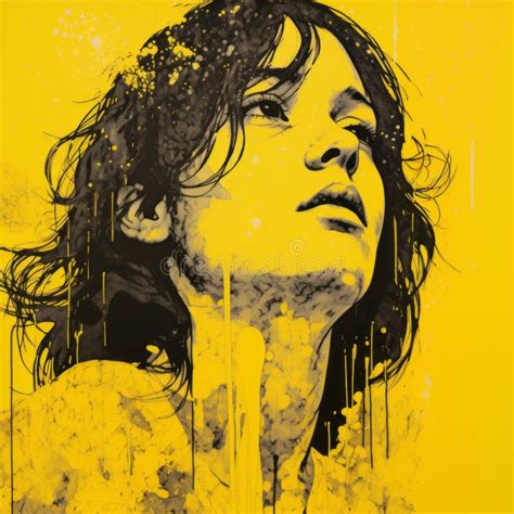 Dramatic Black and White Portrait: Girl in Yellow with Splattered Paint Stock Illustration ...