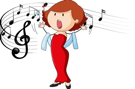 Doodle cartoon character of a singer woman singing with melody symbols ...