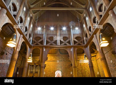 Interior view of Heddal Stave Church (Heddal Stavkirke), thirteenth-century stave church in ...